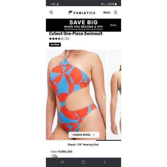 New Small Fabletic Floral Geo Blue Orang Cut Out One Piece Swimsuit Bathing Suit - Picture 1 of 8